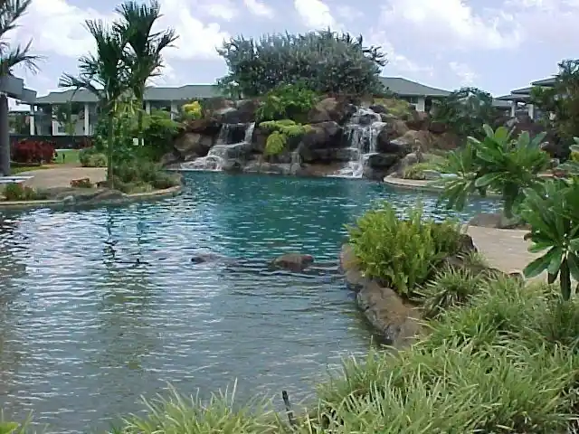 Natural lagoon pool with two rock waterfalls and tropical planting along the shore
