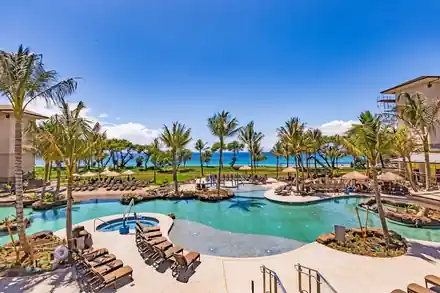 Freeform resort lagoon pool with a spa and loungers, palms and the sea beyond