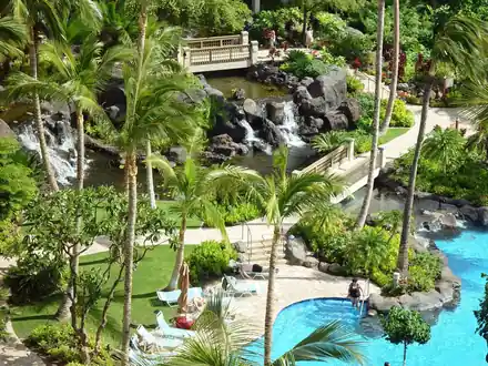 Rock waterfalls stepping through palms into a bright blue pool